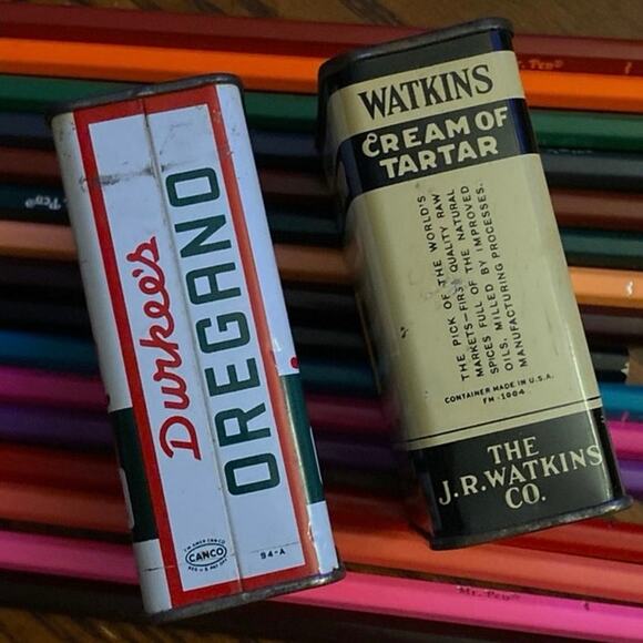 Vintage Spice Tins Lot of 2 Watkins Cream of Tartar Durkee’s Oregano FAIR USED - Picture 6 of 8